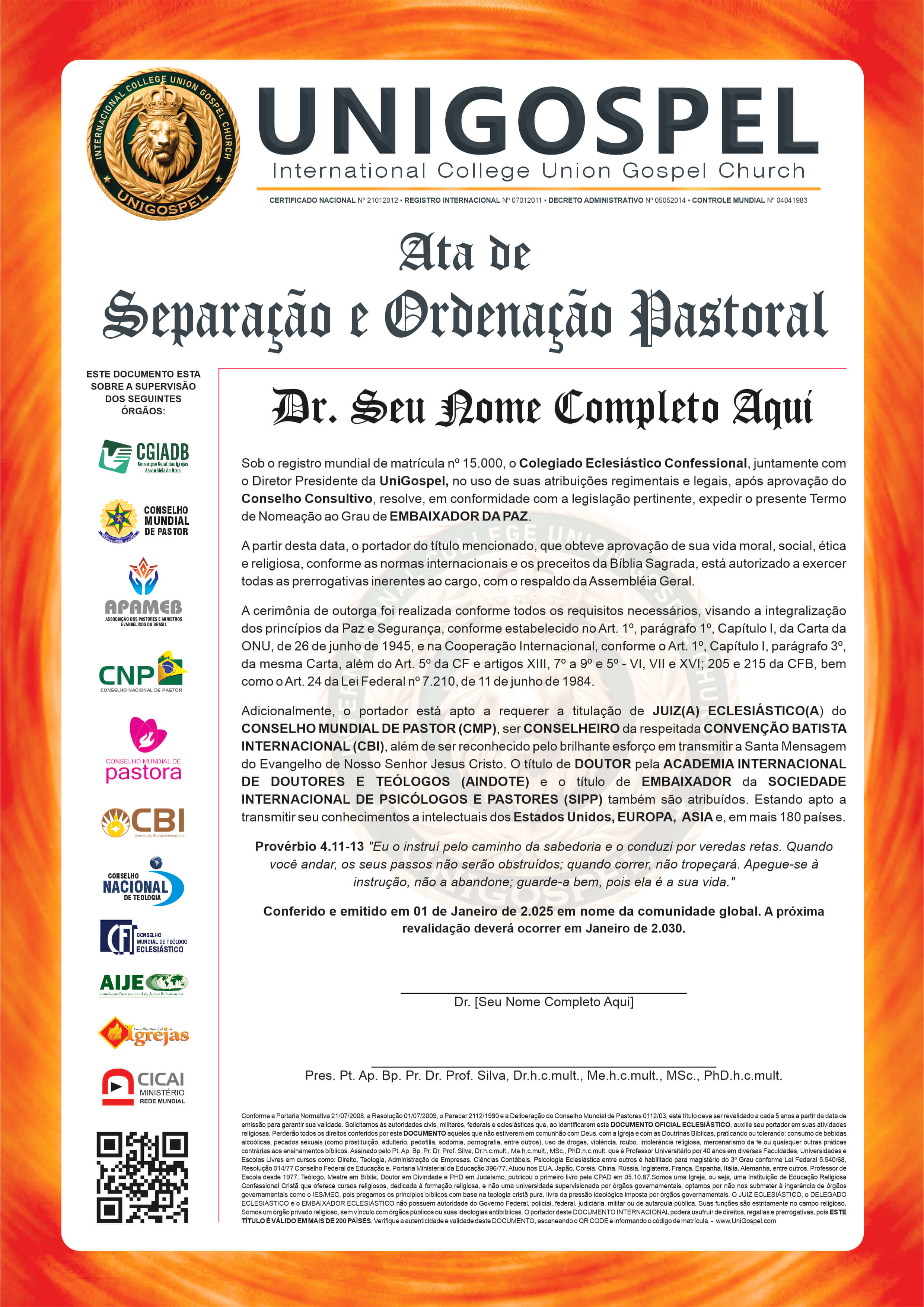 Ata de Separação e Ordenação Pastoral