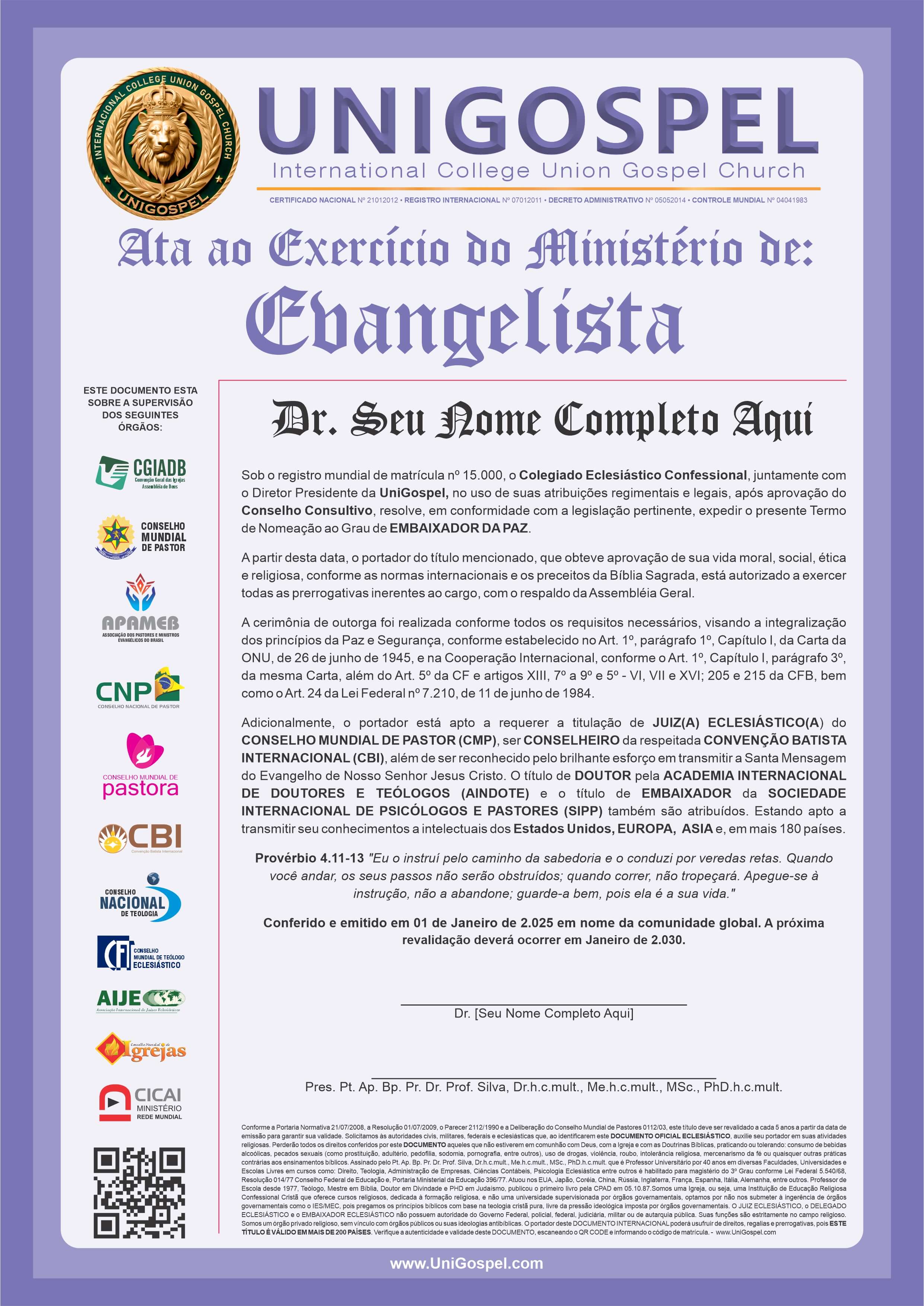 Ata de Exercício do Ministério de Evangelista