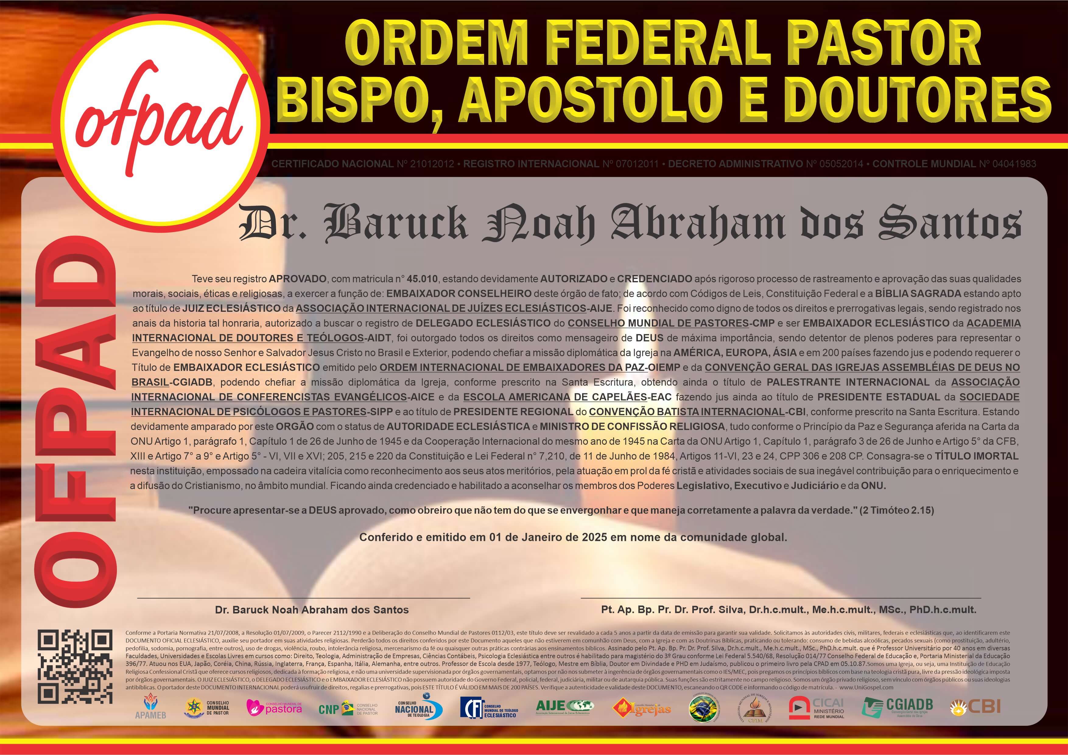 Ordem Federal Pastor, Bispo, Apóstolo e Doutores