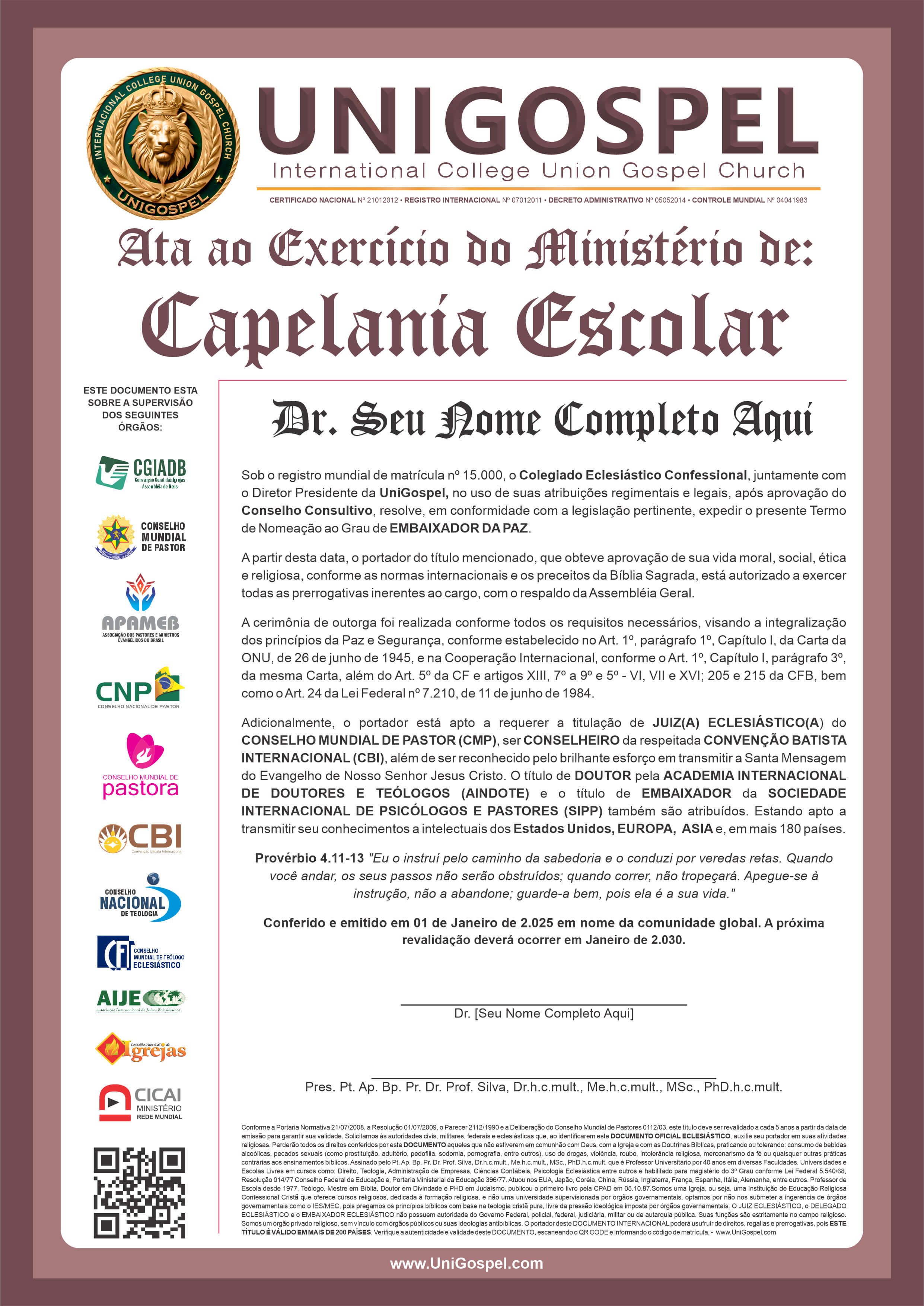 Ata de Exercício do Ministério de Capelania Escolar