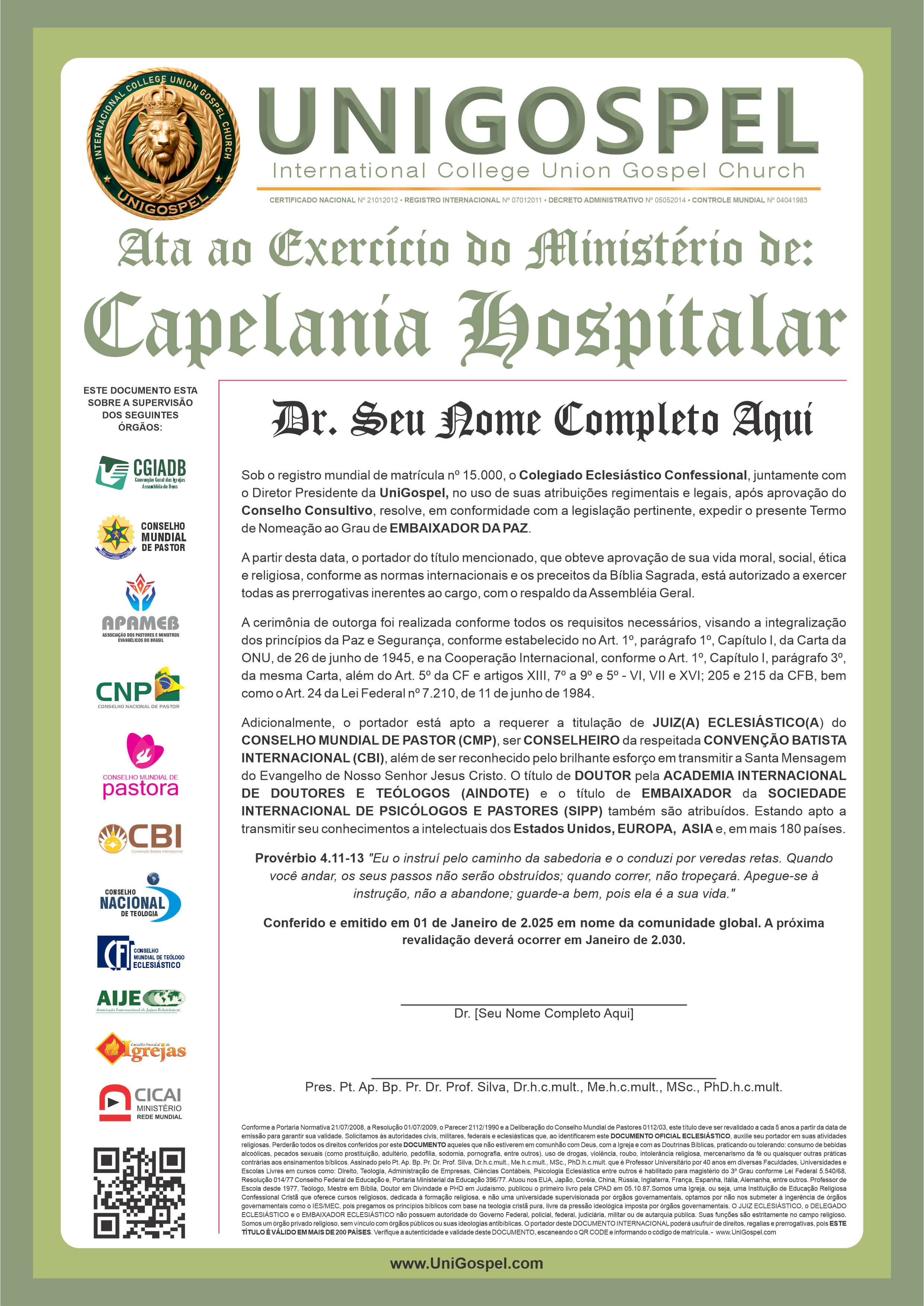 Ata de Exercício do Ministério de Capelania Hospitalar