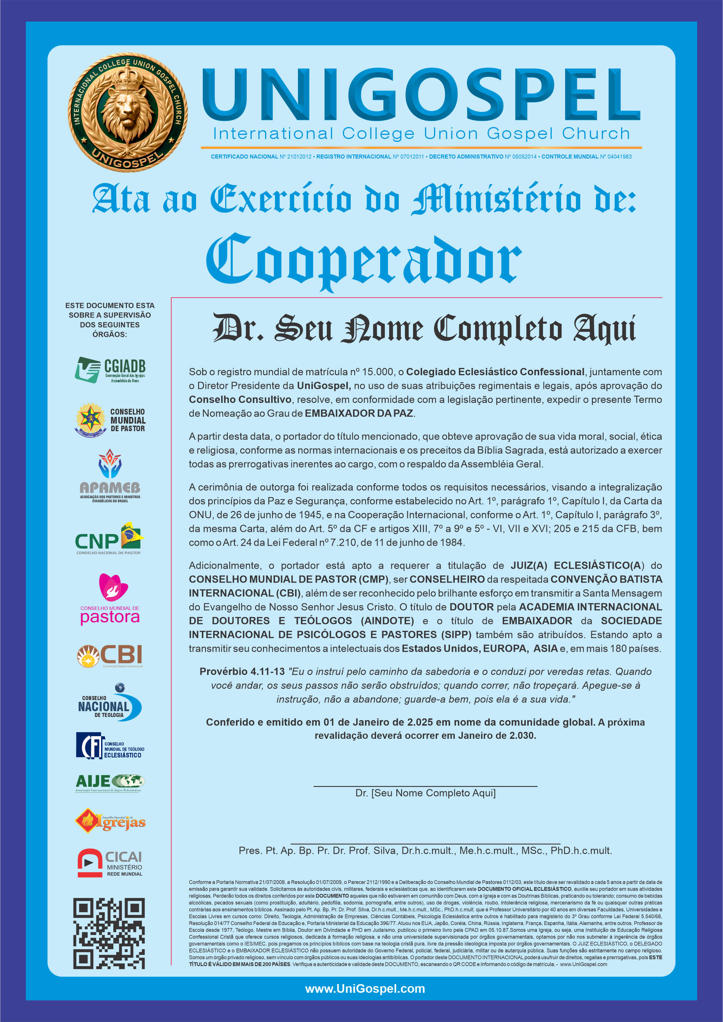 Ata de Exercício do Ministério de Cooperador